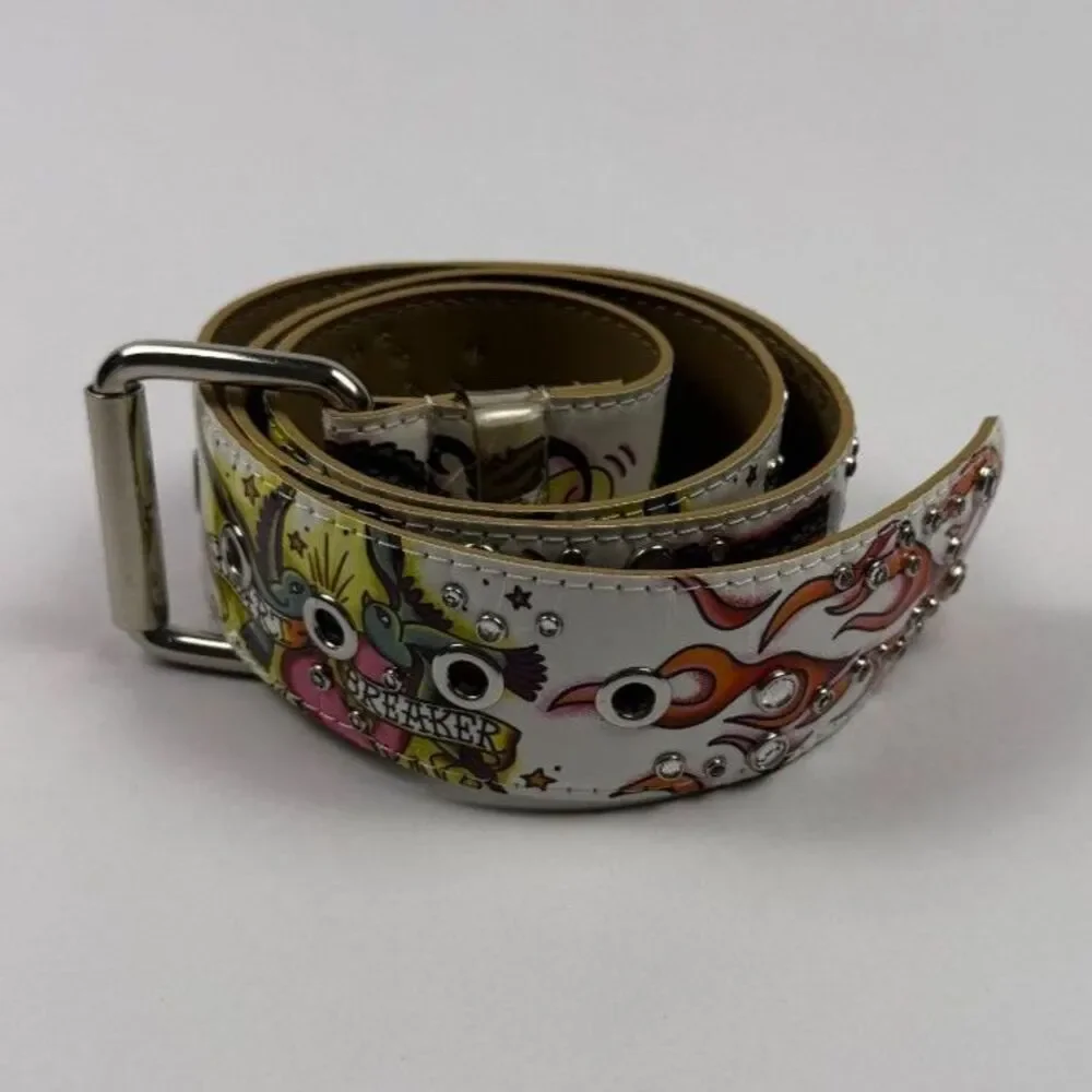 Ed Hardy Style Tattoo-Inspired Graphic Belt Colorful Rhinestone Accents 38.5